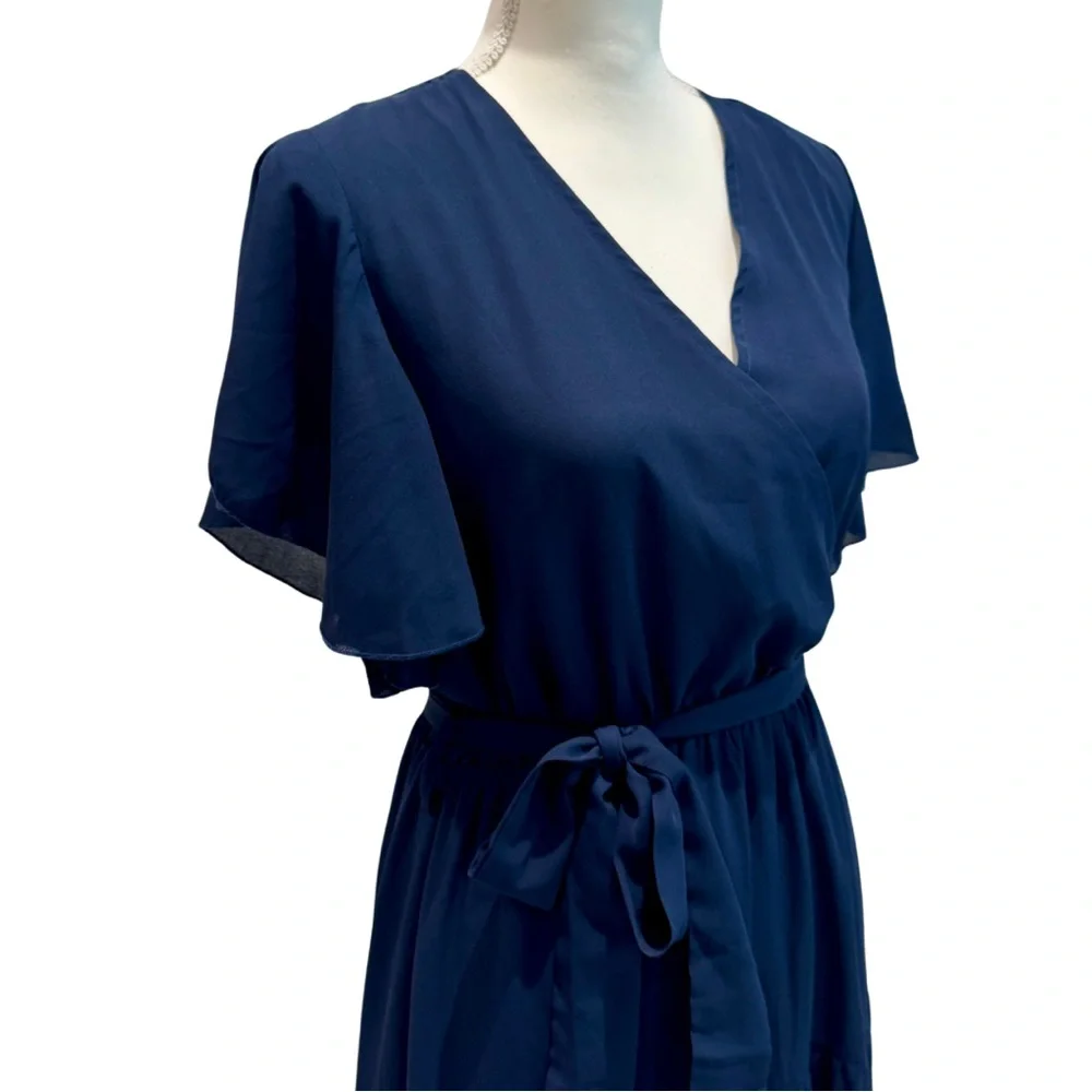 NWOT Navy Blue Flowy Midi Dress | Ruffle Sleeves + Elastic Waist (M) - Picture 6 of 13
